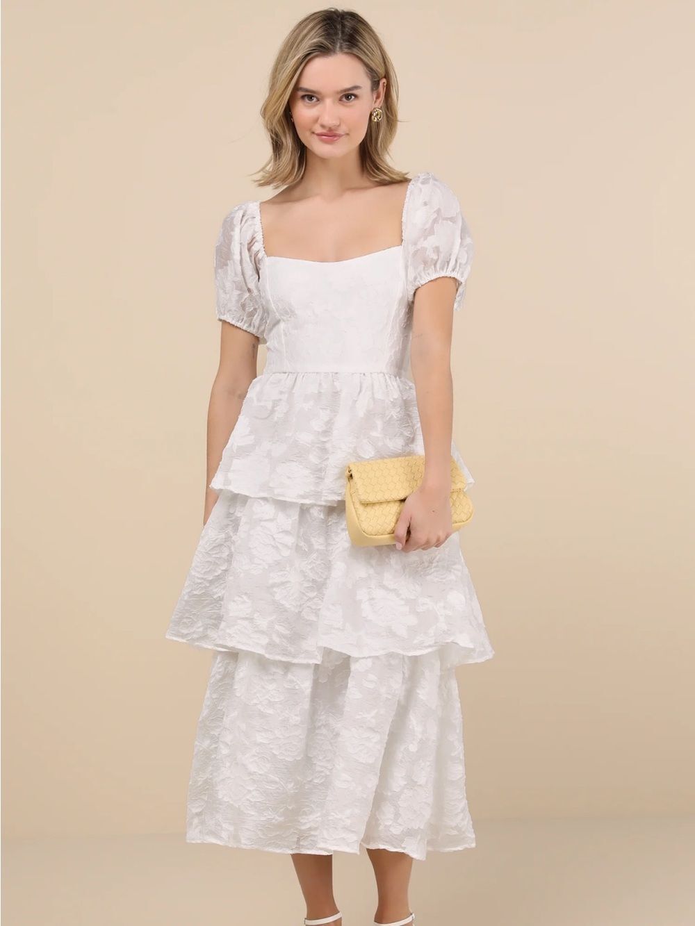 Lulus Mesmerizing Sweetheart Ivory Jacquard Puff Sleeve Midi Dress NWT Bridal
